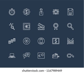 Set Of 20 black linear icons such as Magnet, Wallet, Euro, Chat, Laptop, Diskette, Prize, Lifeguard, Newspaper, Safebox, Businessman, editable stroke vector icon pack