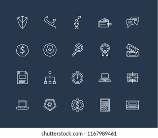 Set Of 20 black linear icons such as Money, Calculator, Gear, Shield, Laptop, Chat, Prize, Chronometer, Diskette, User, editable stroke vector icon pack