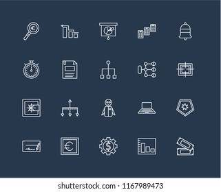 Set Of 20 black linear icons such as Money, Bar chart, Gear, Euro, Cheque, Bell, Diagram, Group, Safebox, Diskette, Analytics, editable stroke vector icon pack