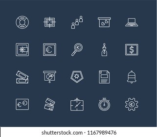 Set Of 20 black linear icons such as Gear, Chronometer, Wall clock, Cit card, Euro, Laptop, Idea, Shield, Money, Group, editable stroke vector icon pack