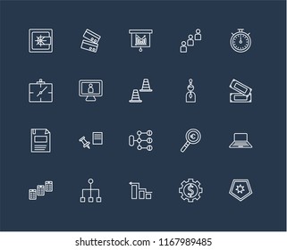 Set Of 20 black linear icons such as Shield, Gear, Diagram, Hierarchical structure, Newspaper, Chronometer, Idea, Diskette, Monitor, Bar chart, editable stroke vector icon pack