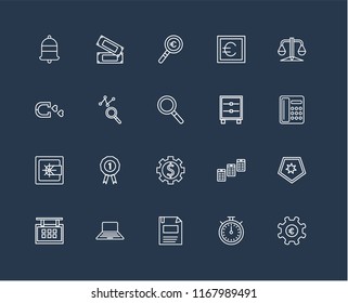 Set Of 20 black linear icons such as Gear, Chronometer, Diskette, Laptop, Calendar, Balance, Cabinet, Safebox, Analytics, Magnifying glass, editable stroke vector icon pack