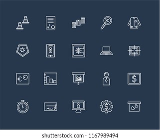Set Of 20 black linear icons such as Presentation, Gear, Monitor, Cheque, Chronometer, Suit, Laptop, Bar chart, Euro, Smartphone, Newspaper, editable stroke vector icon pack