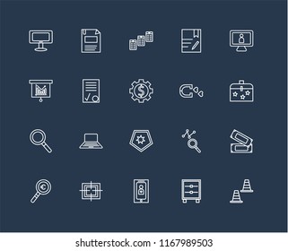 Set Of 20 black linear icons such as Cone, Cabinet, Smartphone, Target, Magnifying glass, Monitor, Magnet, Shield, Contract, Newspaper, editable stroke vector icon pack