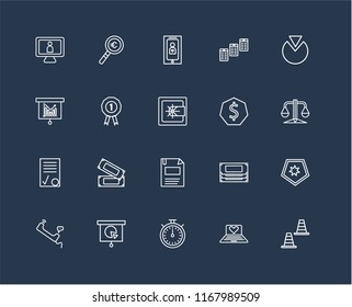 Set Of 20 black linear icons such as Cone, Laptop, Chronometer, Presentation, Phone call, Pie chart, Dollar, Diskette, Contract, Prize, Smartphone, editable stroke vector icon pack