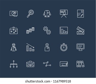 Set Of 20 black linear icons such as Archive, Cheque, Line chart, Briefcase, Hierarchical structure, Contract, Bar Employee, Group, Newspaper, Suit, editable stroke vector icon pack