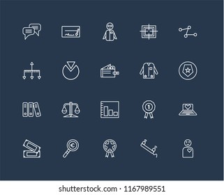 Set Of 20 black linear icons such as Employee, Phone call, Prize, Magnifying glass, Money, Line chart, Suit, Bar Archive, Pie Group, editable stroke vector icon pack