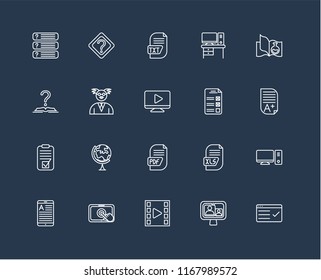 Set Of 20 black linear icons such as Test, Video call, player, Touchscreen, Ereader, Science book, Pdf, Professor, Txt, editable stroke vector icon pack