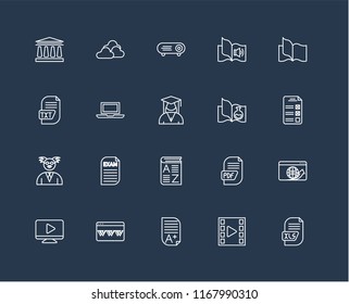 Set Of 20 black linear icons such as Xls, Video player, Homework, Browser, Book, Science book, Vocabulary, Professor, Laptop, Projector, editable stroke vector icon pack