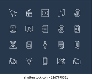Set Of 20 black linear icons such as Book, Login, Smartphone, Idea, Science book, Xls, Pdf, Lecture, Professor, Video player, editable stroke vector icon pack