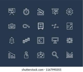 Set Of 20 black linear icons such as Analytics, Magnifying glass, Briefcase, Employee, Bar chart, Gear, Line Euro, Bell, Magnet, Money, editable stroke vector icon pack
