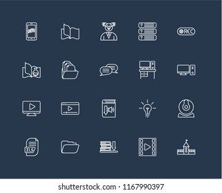 Set Of 20 black linear icons such as University, Video player, Ebook, Folder, Xls, Record, Desk, Audiobook, Professor, editable stroke vector icon pack