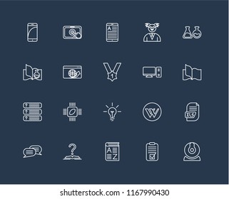 Set Of 20 black linear icons such as Webcam, Test, Vocabulary, Tutorial, Chat, Chemistry, Desktop, Idea, Questions, Browser, Ereader, editable stroke vector icon pack