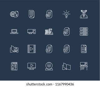 Set Of 20 black linear icons such as Desk, Book, Webcam, Video player, Vocabulary, Professor, Pdf, Xls, Science book, Desktop, Mkv, editable stroke vector icon pack