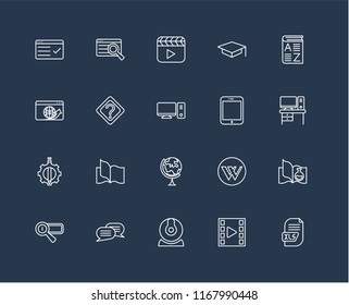 Set Of 20 black linear icons such as Xls, Video player, Webcam, Chat, Search engine, Vocabulary, Tablet, Geography, De, Question, editable stroke vector icon pack