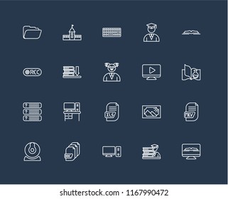 Set Of 20 black linear icons such as Ebook, Student, Desktop, Document, Webcam, Open book, Video player, Xls, Questions, Keyboard, editable stroke vector icon pack