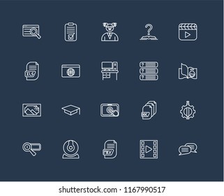 Set Of 20 black linear icons such as Chat, Video player, Mkv, Webcam, Search engine, Questions, Touchscreen, Image, Browser, Professor, editable stroke vector icon pack