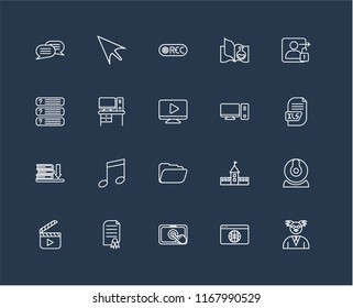 Set Of 20 black linear icons such as Professor, Browser, Touchscreen, Certificate, Video player, Login, Desktop, Folder, Ebook, Desk, Record, editable stroke vector icon pack