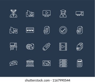 Set Of 20 black linear icons such as Exam, Questions, Image, University, Chat, Desktop, Verification, Pendrive, Desk, Browser, Video player, editable stroke vector icon pack
