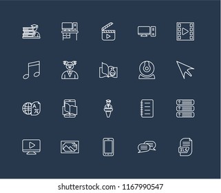 Set Of 20 black linear icons such as Xls, Chat, Smartphone, Image, Video player, Webcam, Lecture, Translator, Professor, editable stroke vector icon pack