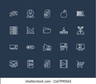 Set Of 20 black linear icons such as Shopping cart, Video player, Xls, Audiobook, Learning, Ebook, University, Science book, Desktop, Statistics, Pdf, editable stroke vector icon pack