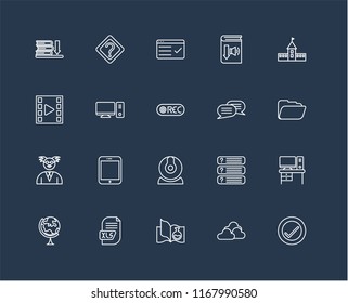 Set Of 20 black linear icons such as Verification, Cloud, Science book, Xls, Geography, University, Chat, Webcam, Professor, Desktop, Test, editable stroke vector icon pack