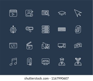 Set Of 20 black linear icons such as Professor, Student, Ebook, Certificate, Audio, Mouse, Keyboard, Science book, Code, Search engine, Search, editable stroke vector icon pack