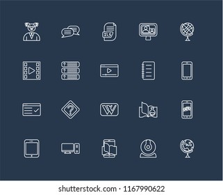 Set Of 20 black linear icons such as Geography, Webcam, Ebook, Desktop, Tablet, Earth globe, Notes, Wikipedia, Test, Questions, Xls, editable stroke vector icon pack