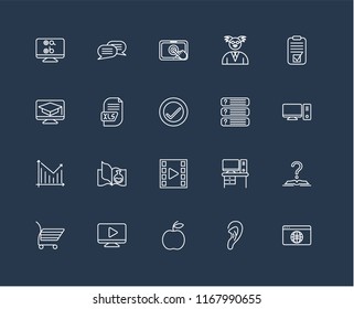 Set Of 20 black linear icons such as Browser, Listening, Apple, Video player, Shopping cart, Test, Questions, Statistics, Xls, Touchscreen, editable stroke vector icon pack