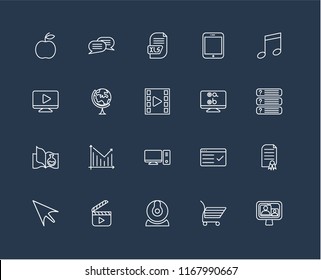 Set Of 20 black linear icons such as Video call, Shopping cart, Webcam, player, Mouse, Audio, Test, Desktop, Science book, Geography, Xls, editable stroke vector icon pack