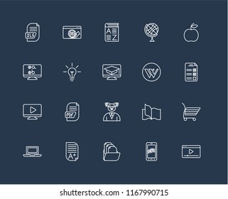 Set Of 20 black linear icons such as Video player, Smartphone, Folder, Homework, Laptop, Apple, Wikipedia, Professor, Idea, Vocabulary, editable stroke vector icon pack