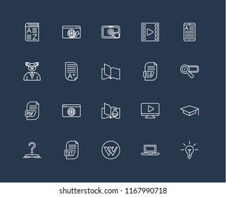 Set Of 20 black linear icons such as Idea, Laptop, Wikipedia, Txt, Tutorial, Ereader, Xls, Science book, Pdf, Homework, Touchscreen, editable stroke vector icon pack