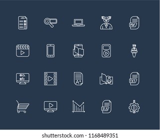 Set Of 20 black linear icons such as De, Xls, Statistics, Video player, Shopping cart, Pdf, Mp3, Homework, Test, Smartphone, Laptop, editable stroke vector icon pack