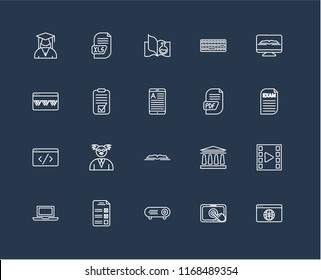 Set Of 20 black linear icons such as Browser, Touchscreen, Projector, Test, Laptop, Ebook, Pdf, Open book, Code, Science editable stroke vector icon pack