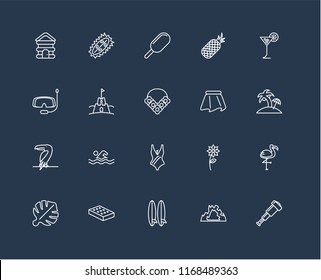 Set Of 20 black linear icons such as Spyglass, Cave, Surfboard, Mattress, Leaf monstera, Tropical drink, Skirt, Swimsuit, Toucan, Sand castle, Ice cream, editable stroke vector icon pack