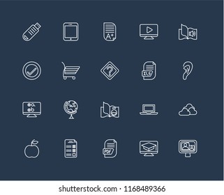 Set Of 20 black linear icons such as Video call, Learning, Pdf, Test, Apple, Audiobook, Xls, Science book, Shopping cart, Homework, editable stroke vector icon pack