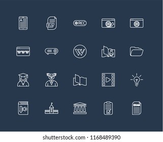 Set Of 20 black linear icons such as Exam, Test, University, Audiobook, Browser, Science book, Book, Student, Projector, Record, editable stroke vector icon pack