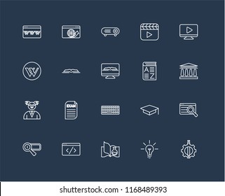 Set Of 20 black linear icons such as De, Idea, Science book, Code, Search engine, Video player, Vocabulary, Keyboard, Professor, Open Projector, editable stroke vector icon pack