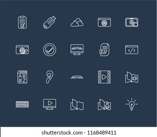 Set Of 20 black linear icons such as Idea, Science book, Book, Video player, Keyboard, Touchscreen, Xls, Open Vocabulary, Verification, Cloud, editable stroke vector icon pack