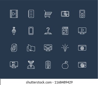 Set Of 20 black linear icons such as Browser, Apple, Test, Professor, Mp3, Vocabulary, Learning, Xls, Smartphone, Shopping cart, editable stroke vector icon pack