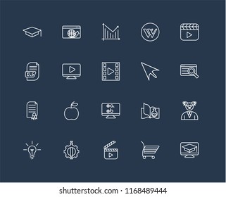 Set Of 20 black linear icons such as Learning, Shopping cart, Video player, De, Idea, Mouse, Test, Certificate, Statistics, editable stroke vector icon pack