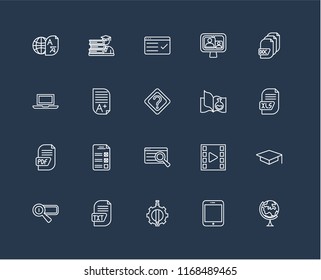 Set Of 20 black linear icons such as Geography, Tablet, De, Txt, Search engine, Document, Science book, Search, Pdf, Homework, Test, editable stroke vector icon pack