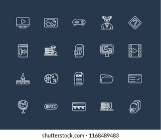 Set Of 20 black linear icons such as Document, Ebook, Browser, Record, Geography, Question, Video call, Exam, University, Student, Projector, editable stroke vector icon pack