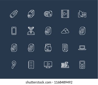 Set Of 20 black linear icons such as Mp3, Student, Video player, Notes, Listening, Audiobook, Cloud, Ebook, Pdf, Professor, Translator, editable stroke vector icon pack