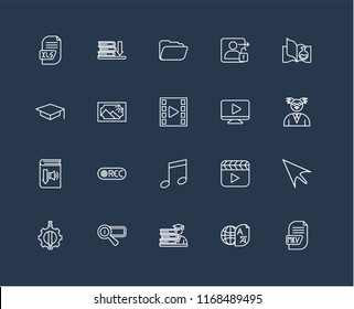 Set Of 20 black linear icons such as Mkv, Translator, Student, Search engine, De, Science book, Video player, Audio, Audiobook, Image, Folder, editable stroke vector icon pack