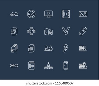 Set Of 20 black linear icons such as Student, Smartphone, University, Audiobook, Record, Image, Medal, Chemistry, Document, Chip, Video player, editable stroke vector icon pack