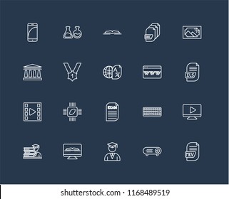 Set Of 20 black linear icons such as Mkv, Projector, Student, Ebook, Image, Browser, Exam, Video player, Medal, Open book, editable stroke vector icon pack