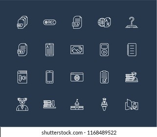 Set Of 20 black linear icons such as Science book, Lecture, University, Ebook, Professor, Tutorial, Mp3, Browser, Audiobook, Ereader, Xls, editable stroke vector icon pack