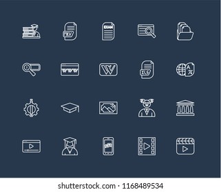 Set Of 20 black linear icons such as Video player, Smartphone, Student, Folder, Xls, Image, De, Browser, Exam, editable stroke vector icon pack