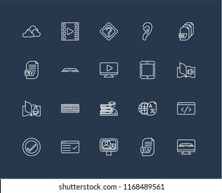 Set Of 20 black linear icons such as Ebook, Xls, Video call, Test, Verification, Document, Tablet, Student, Science book, Open Question, editable stroke vector icon pack